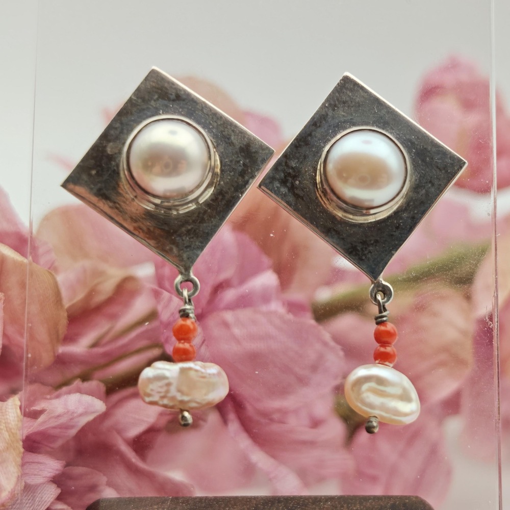 Pearl & Coral Sterling Silver Handmade Art Nouveau Style Post Earrings